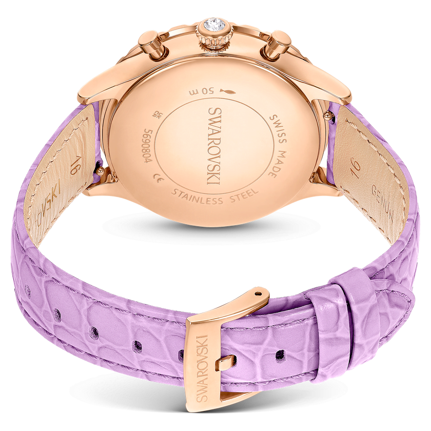 swarovski ساعة يد octea chrono، صناعة سويسرية، سوار جلد، لون أرجواني، لمسة نهائية باللون الذهبي الوردي