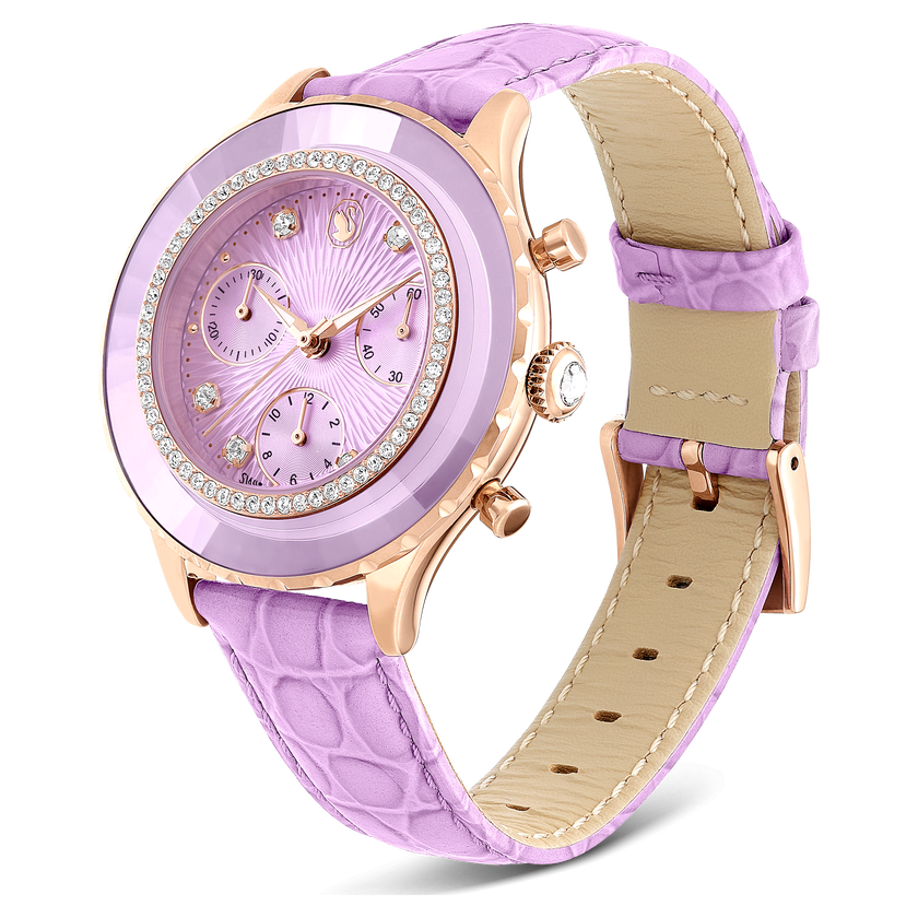 swarovski ساعة يد octea chrono، صناعة سويسرية، سوار جلد، لون أرجواني، لمسة نهائية باللون الذهبي الوردي