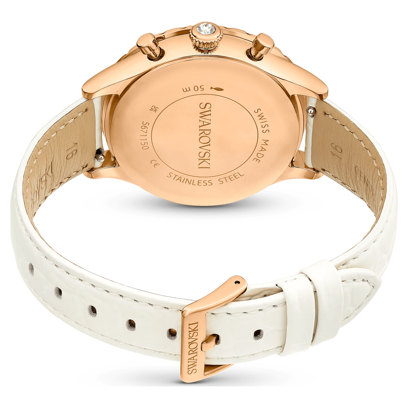 swarovski ساعة يد octea chrono، صناعة سويسرية، سوار جلد، لون أبيض، لمسة نهائية بلون ذهبي وردي