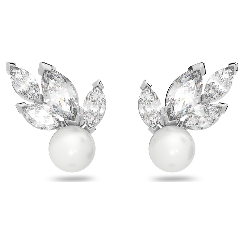 swarovski أقراط دبوسية louison مزينة بلؤلؤة، على شكل ورقة شجر، لون أبيض، طلاء روديوم