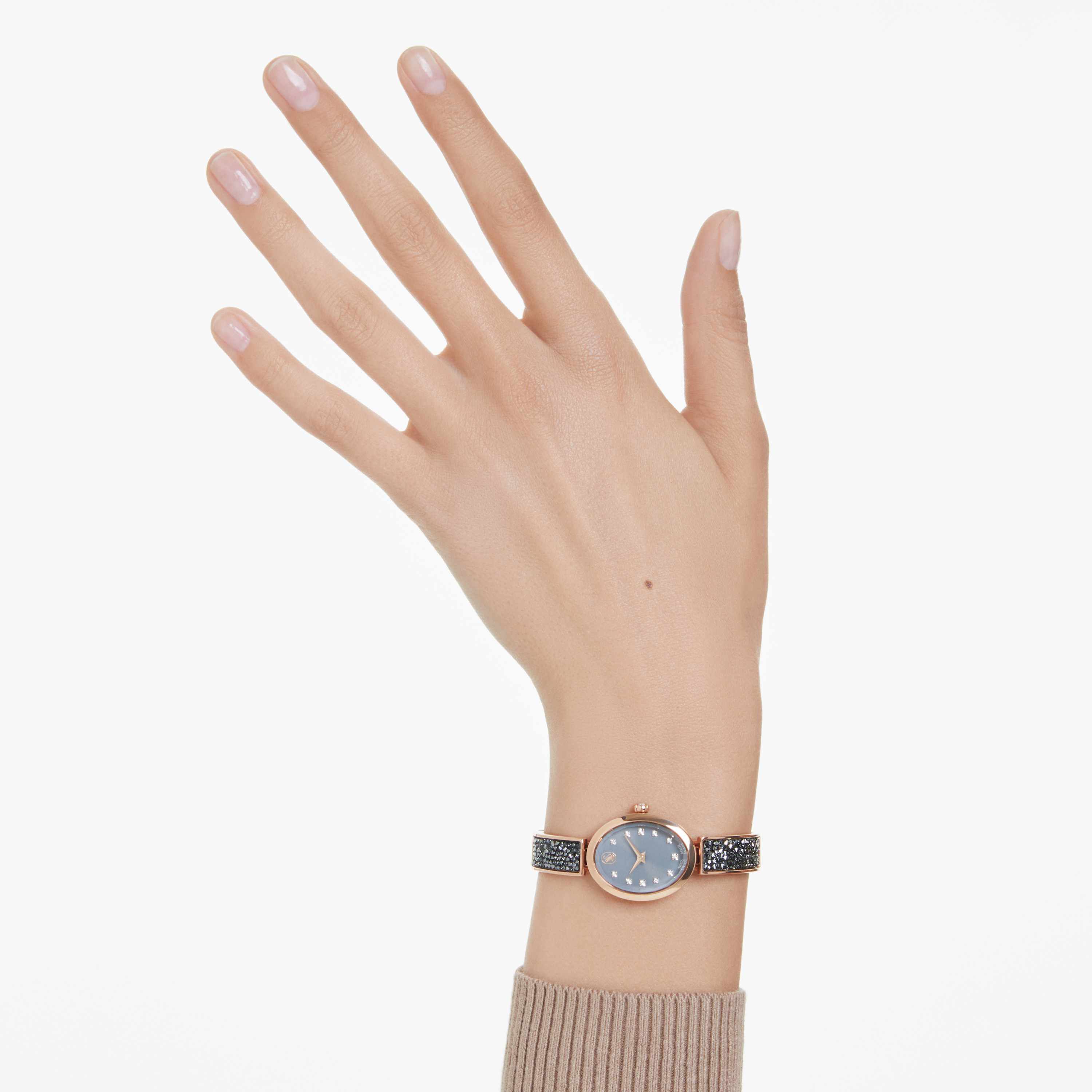 swarovski ساعة يد crystal rock oval، صناعة سويسرية، سوار كريستال، لون رمادي، لمسة نهائية باللون الذهبي الوردي