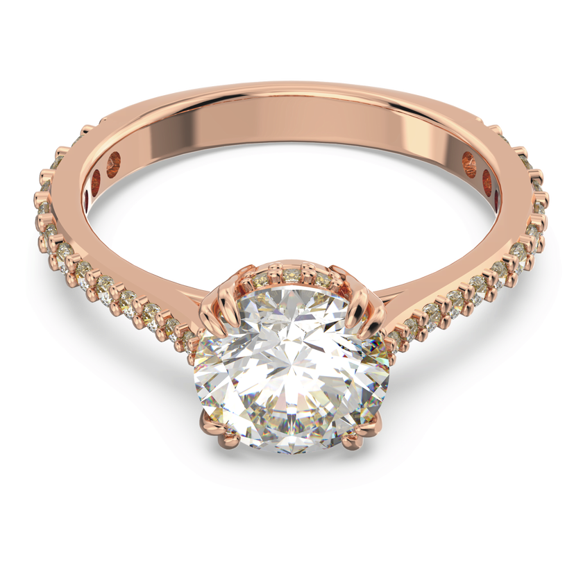 swarovski خاتم كوكتيل stilla، قطع مستدير، كريستالات متراصة، لون أبيض، طلاء ذهبي وردي
