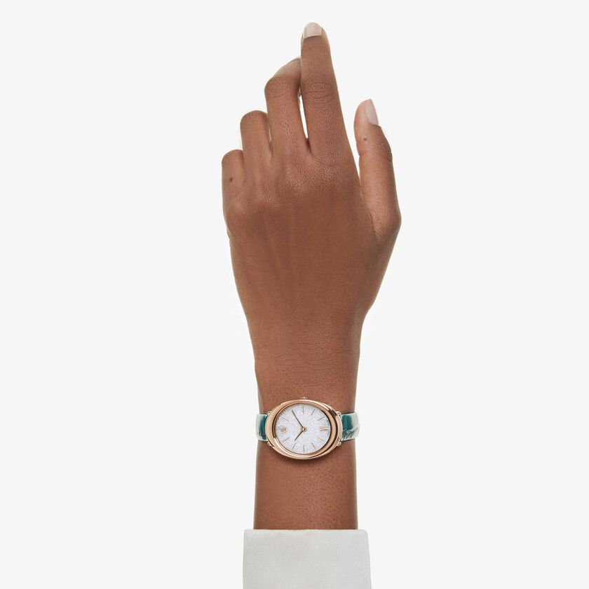 swarovski ساعة imber بيضاوية، صناعة سويسرية، سوار جلد، لون أخضر، لمسة نهائية بلون ذهبي وردي