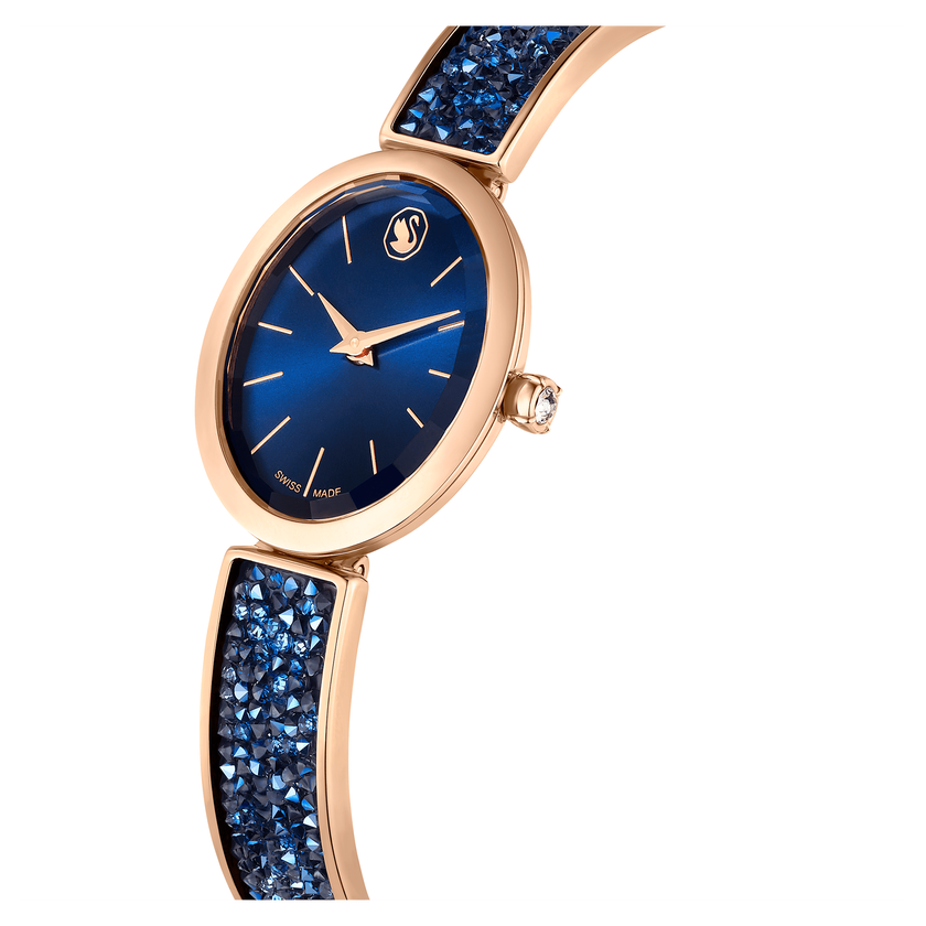 swarovski ساعة crystal rock بيضاوية، صناعة سويسرية، سوار كريستال، لون أزرق، لمسة نهائية بلون ذهبي وردي