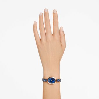 swarovski ساعة crystal rock بيضاوية، صناعة سويسرية، سوار كريستال، لون أزرق، لمسة نهائية بلون ذهبي وردي