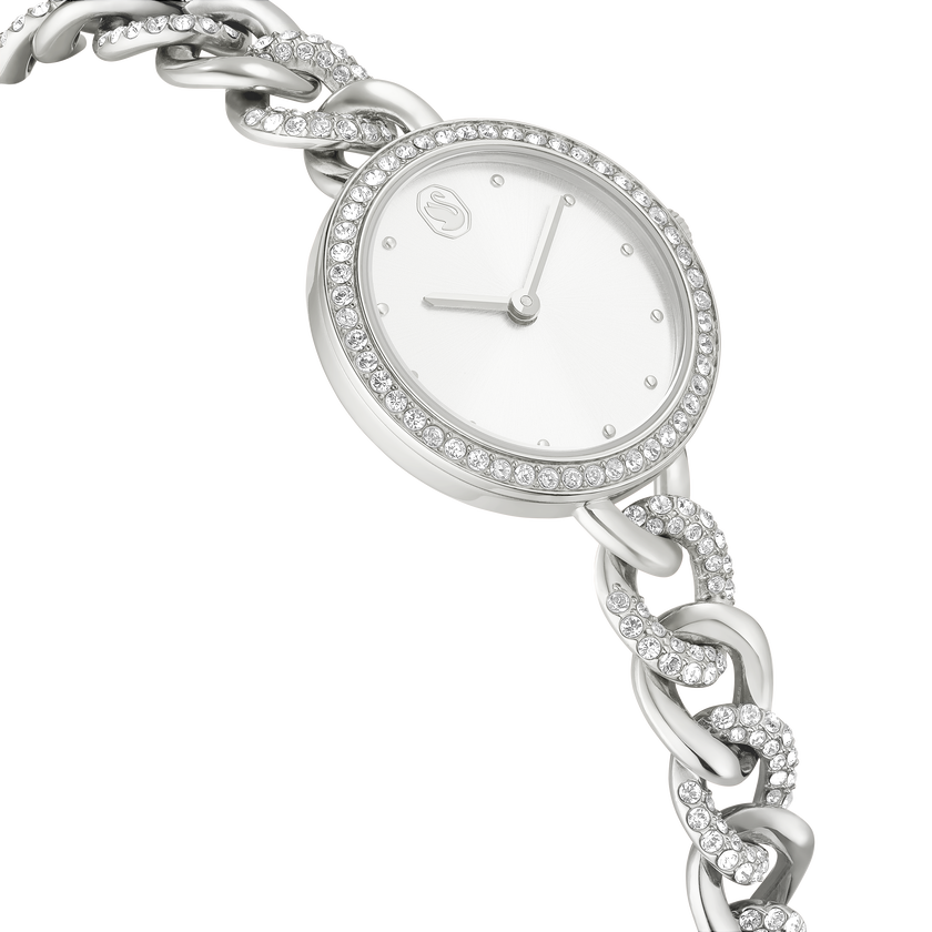 swarovski ساعة مستديرة cocktail، سوار معدني، لون فضي، ستانلس ستيل