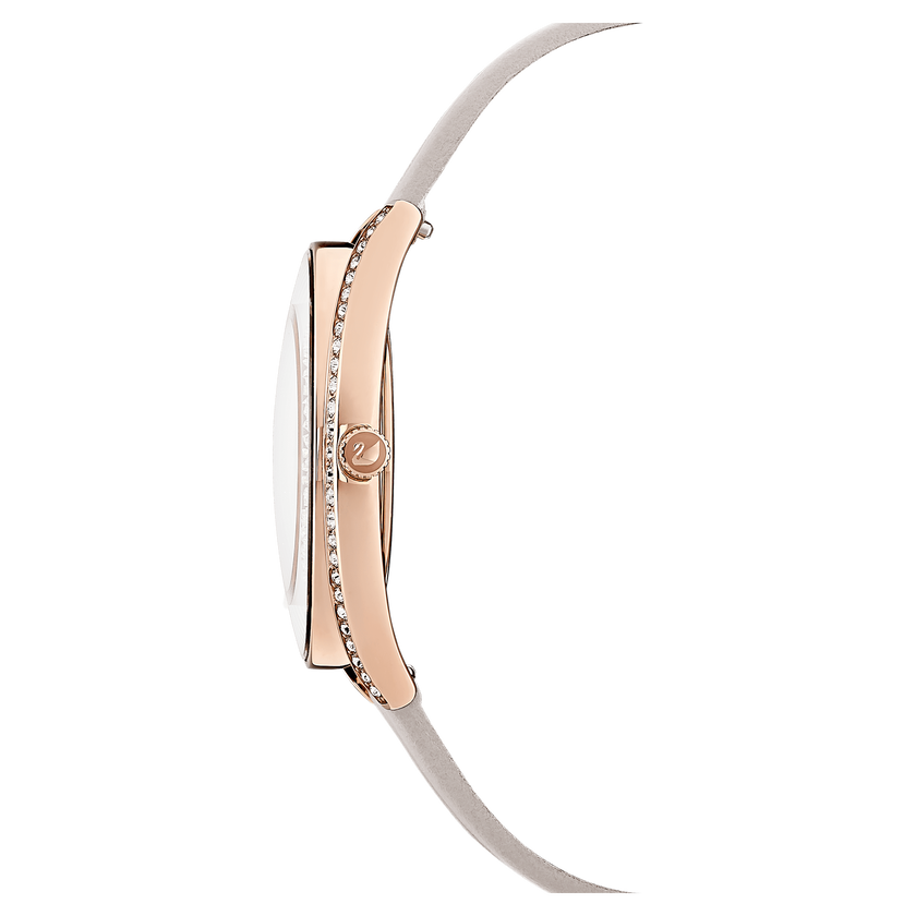 swarovski ساعة crystalline aura، صناعة سويسرية، حزام جلد، لون رمادي، لمسة نهائية بلون ذهبي وردي