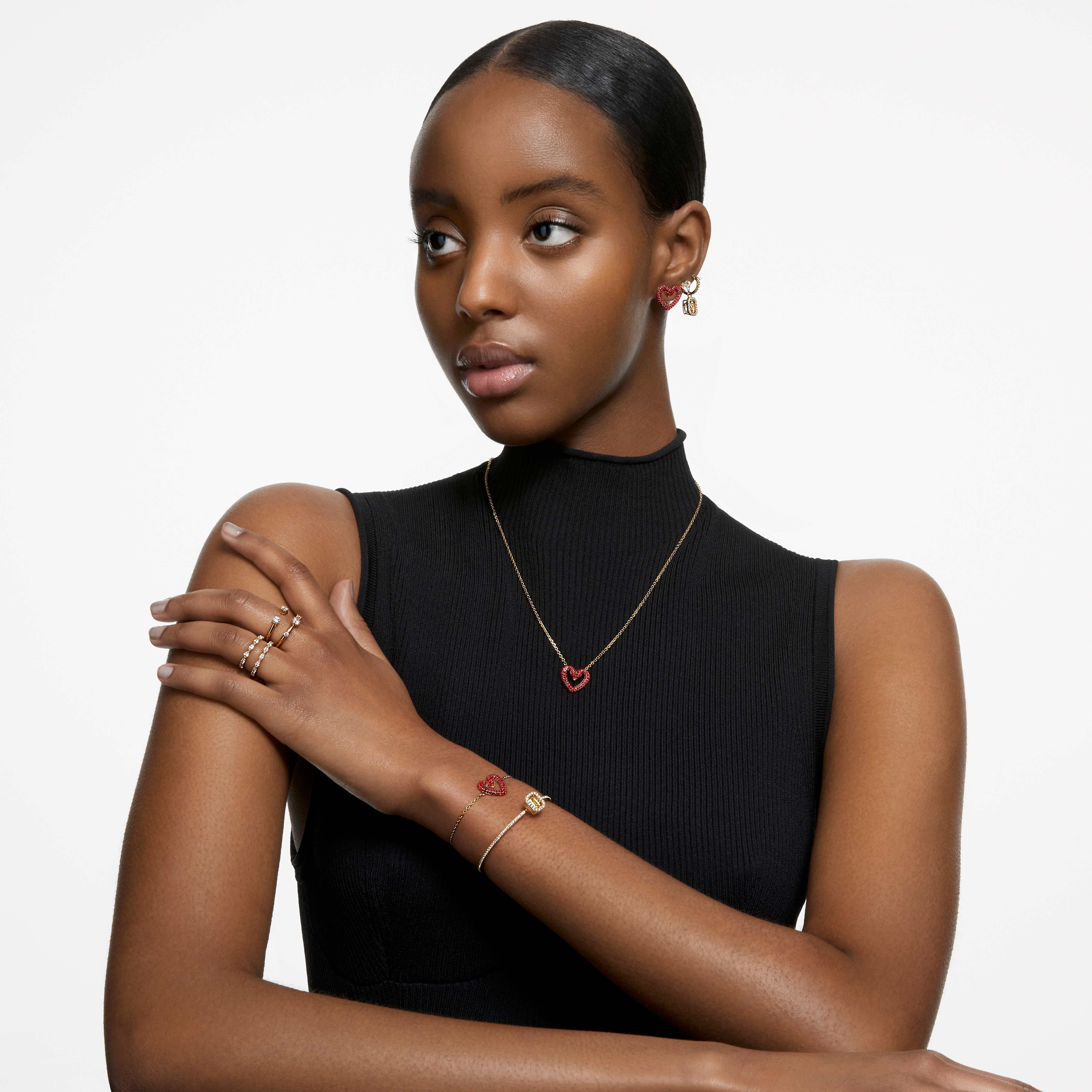 swarovski خاتم constella، طقم من قطعتين، مزدان بكريستالات دائرية، لون أبيض، طلاء بلون ذهبي