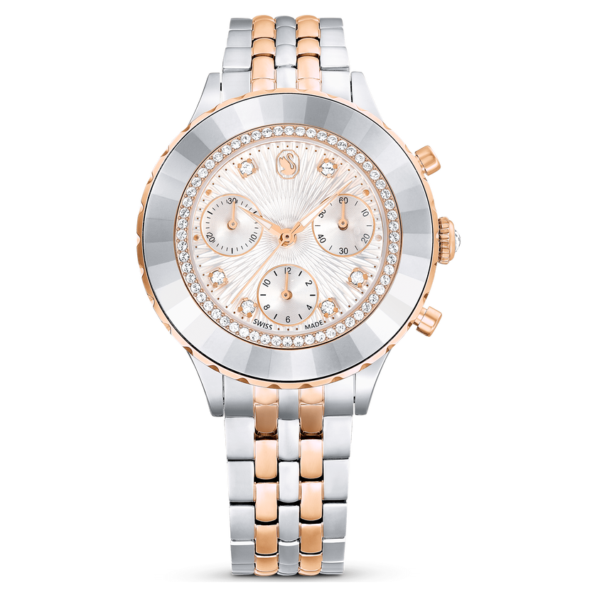 swarovski ساعة يد octea chrono، صناعة سويسرية، سوار معدني، لون ذهبي وردي، لمسة نهائية من معادن مختلطة