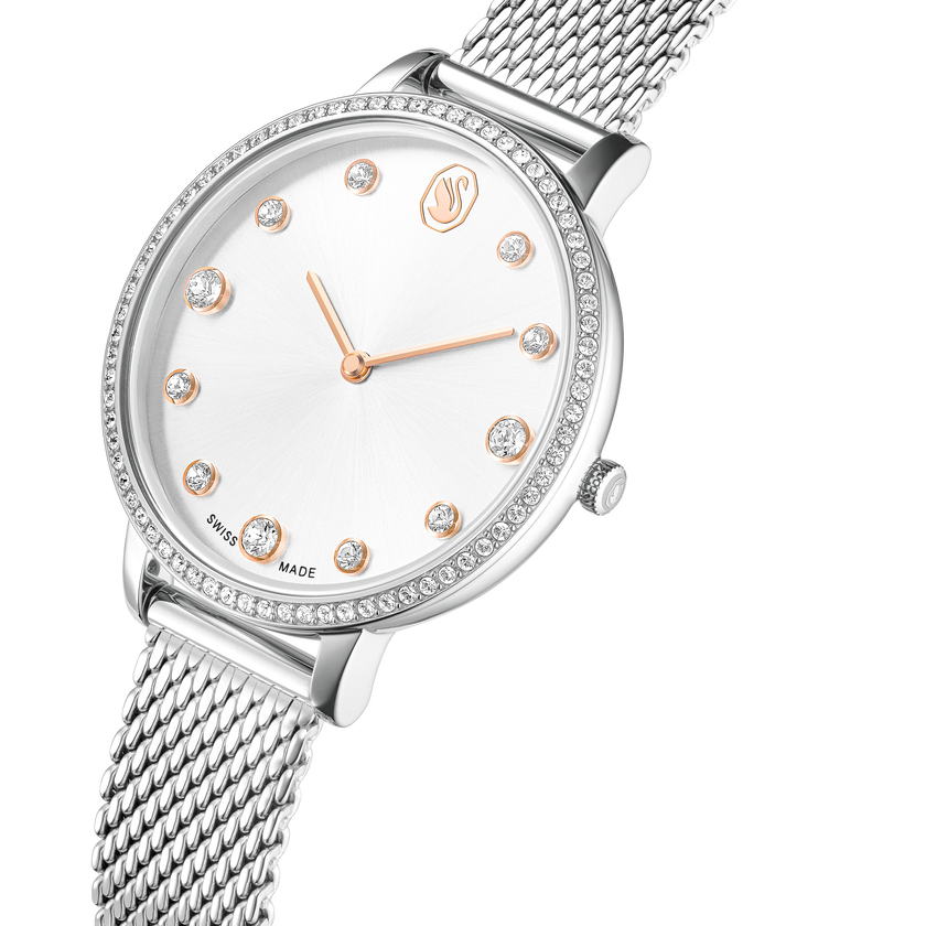 swarovski ساعة clarica، صناعة سويسرية، سوار معدني، لون فضي، ستانلس ستيل