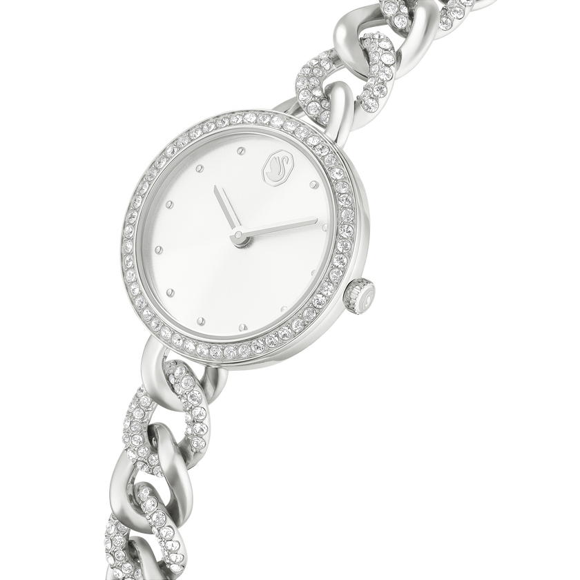 swarovski ساعة مستديرة cocktail، سوار معدني، لون فضي، ستانلس ستيل