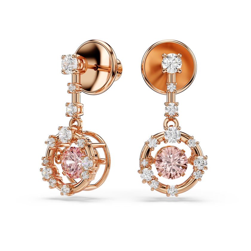 swarovski أقراط متدلية constella، قطع مستدير، حجر متراقص، لون وردي، طلاء باللون الذهبي الوردي