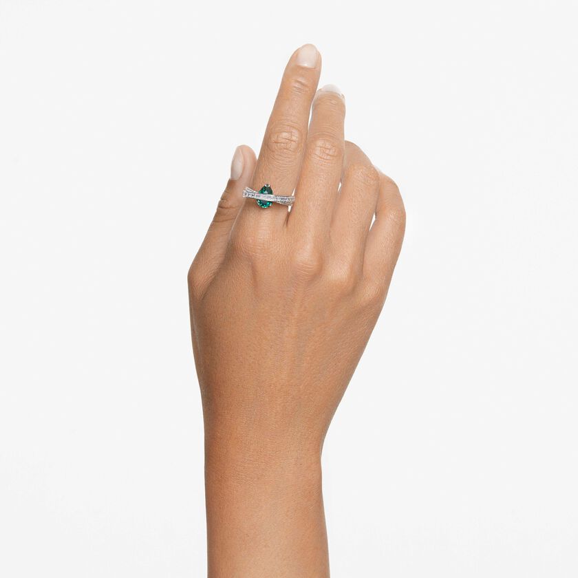 swarovski خاتم كوكتيل hyperbola، زركونيا محايدة الكربون، قطع متنوع، إطار مزدوج، لون أخضر، طلاء روديوم