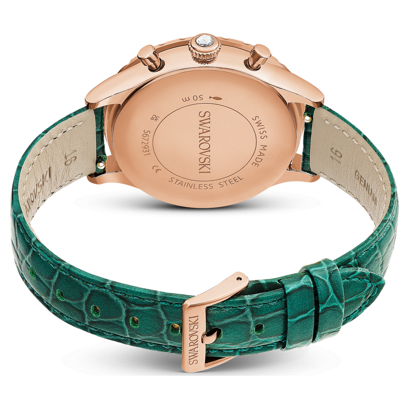 swarovski ساعة octea chrono، صناعة سويسرية، سوار جلد، لون أخضر، لمسة نهائية بلون ذهبي وردي