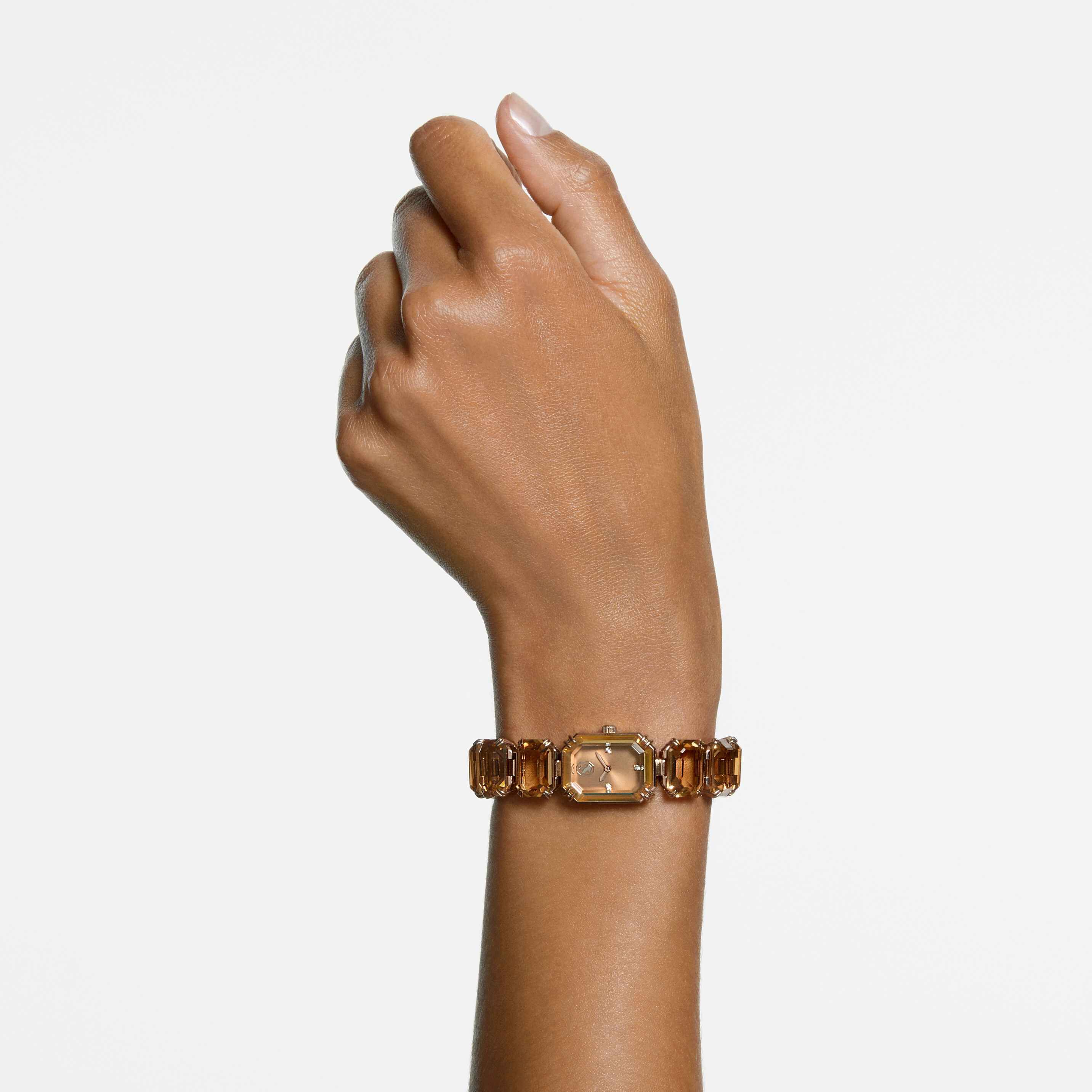 swarovski ساعة millenia، سوار بكريستالات مثمنة، لون بني، لمسة نهائية بلون ذهبي شامبين