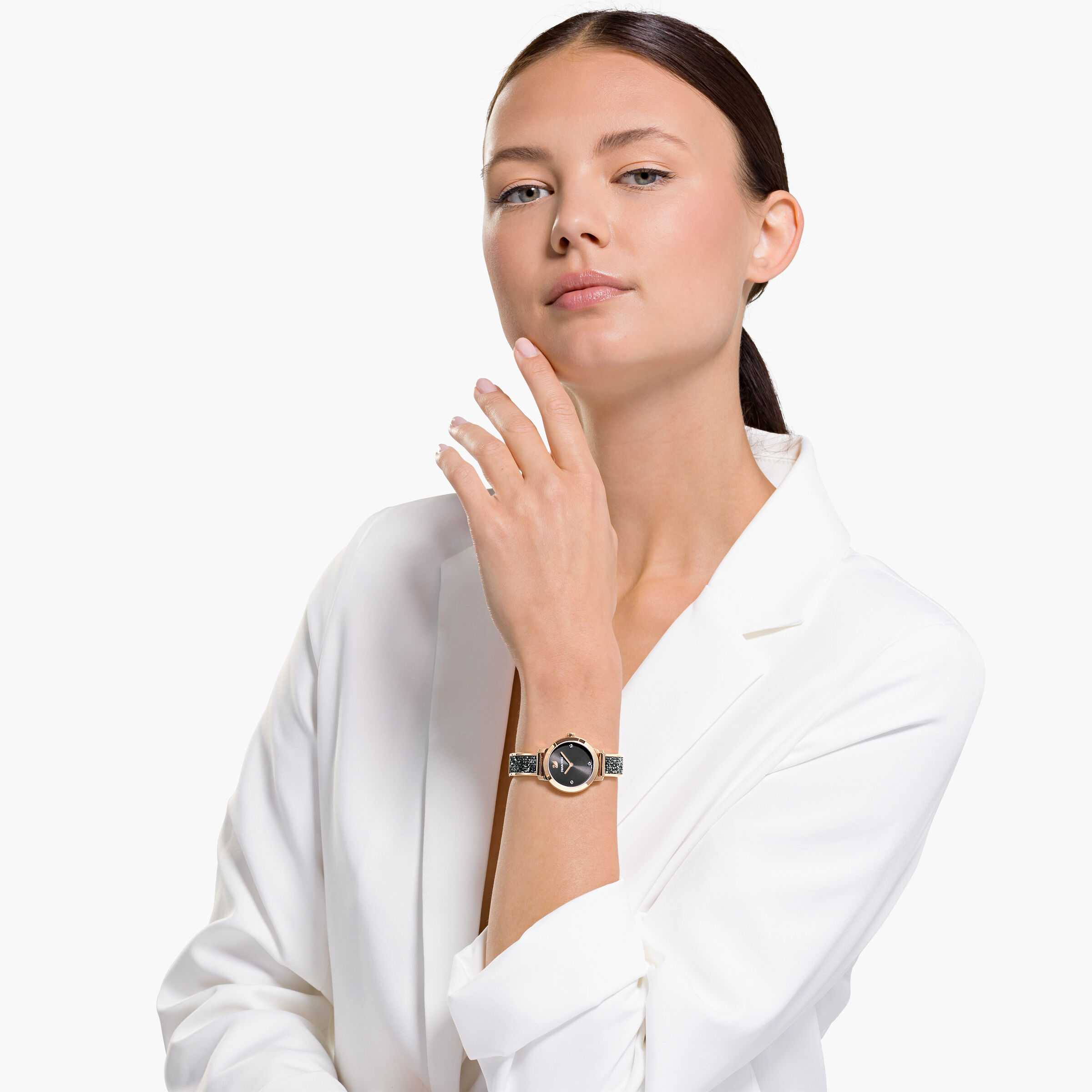 swarovski ساعة cosmic rock، سوار معدني، رمادي، لون أصفر ذهبي