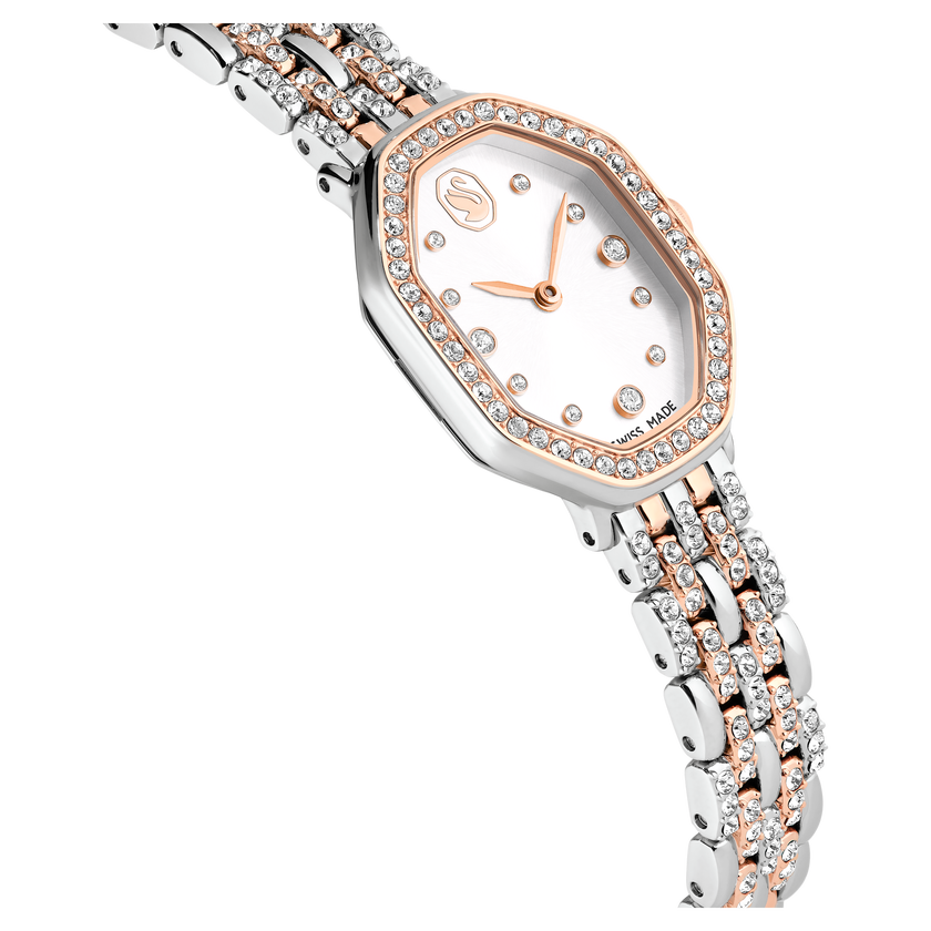 swarovski ساعة يد dextera octagon، صناعة سويسرية، سوار معدني، لون فضي، لمسة نهائية باللون الذهبي الوردي