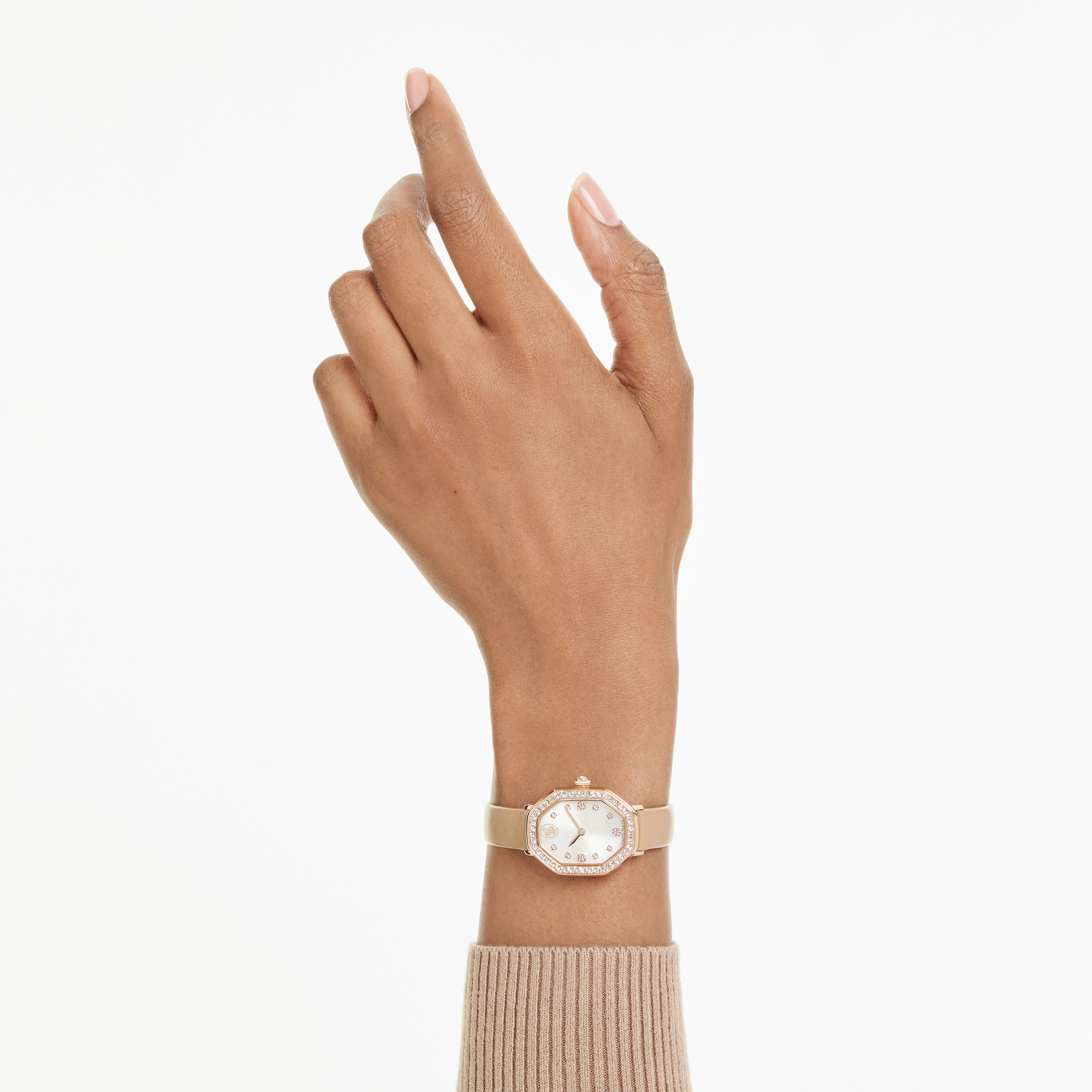 swarovski ساعة dextera بتصميم مُثَمَّن، صناعة سويسرية، سوار جلد، لون بني، لمسة نهائية باللون الذهبي الوردي