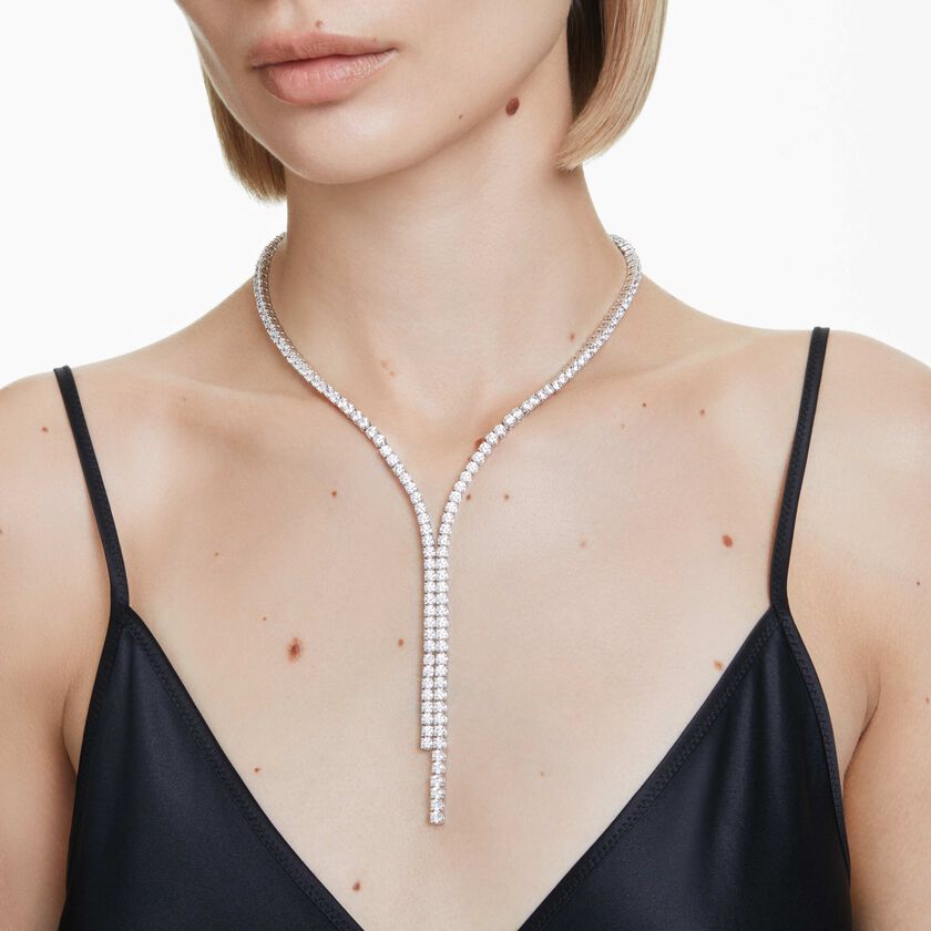 swarovski عقد matrix على شكل حرف y، قطع مستدير، لون أبيض، طلاء روديوم