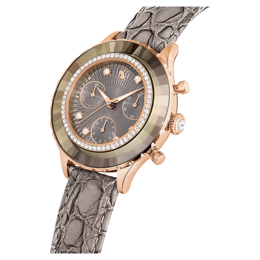 swarovski ساعة يد octea chrono، صناعة سويسرية، سوار جلد، لون رمادي، لمسة نهائية بلون ذهبي وردي