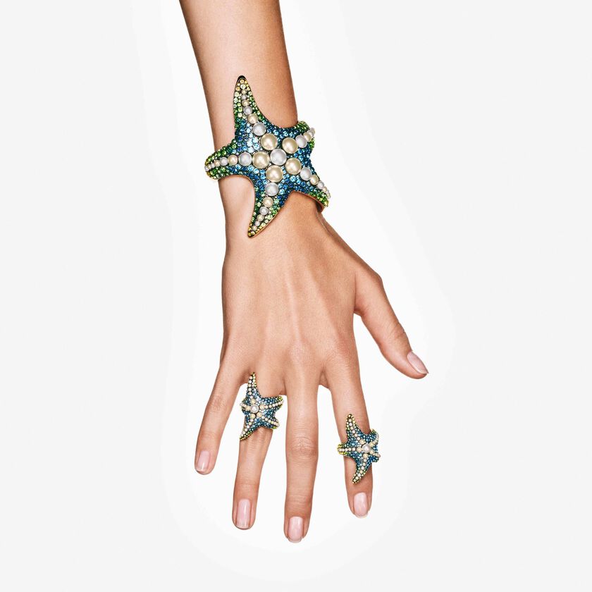 swarovski خاتم كوكتيل idyllia، لآلئ كريستال، شكل نجمة بحر، ألوان متعددة، طلاء بلون ذهبي