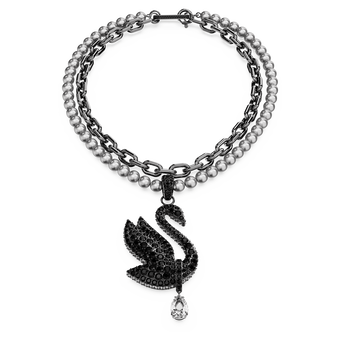 swarovski swan choker and brooch  crystal pearl  swan  black  ruthenium plated