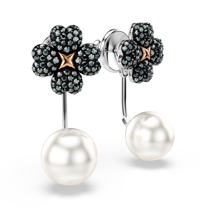 swarovski أقراط latisha، أحجار كريستال صغيرة متراصة، شكل زهرة برسيم، لون أسود، لمسة نهائية من معادن مختلطة