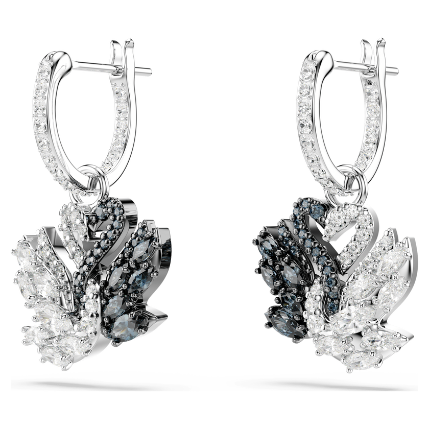 swarovski أقراط متدلية swan، شكل بجعة، لون أسود، طلاء روديوم