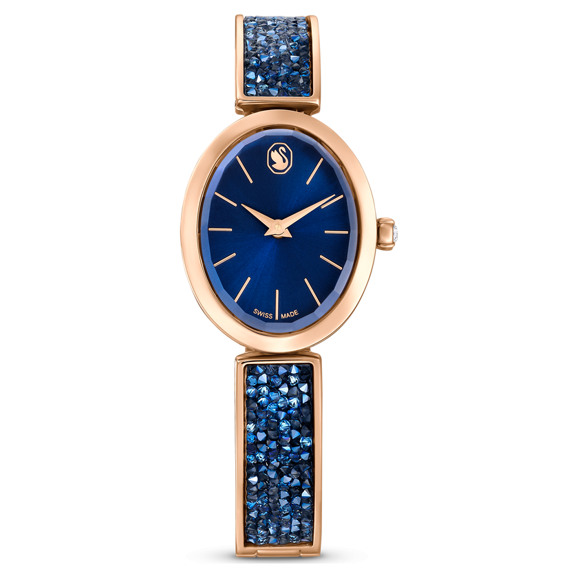 swarovski ساعة crystal rock بيضاوية، صناعة سويسرية، سوار كريستال، لون أزرق، لمسة نهائية بلون ذهبي وردي