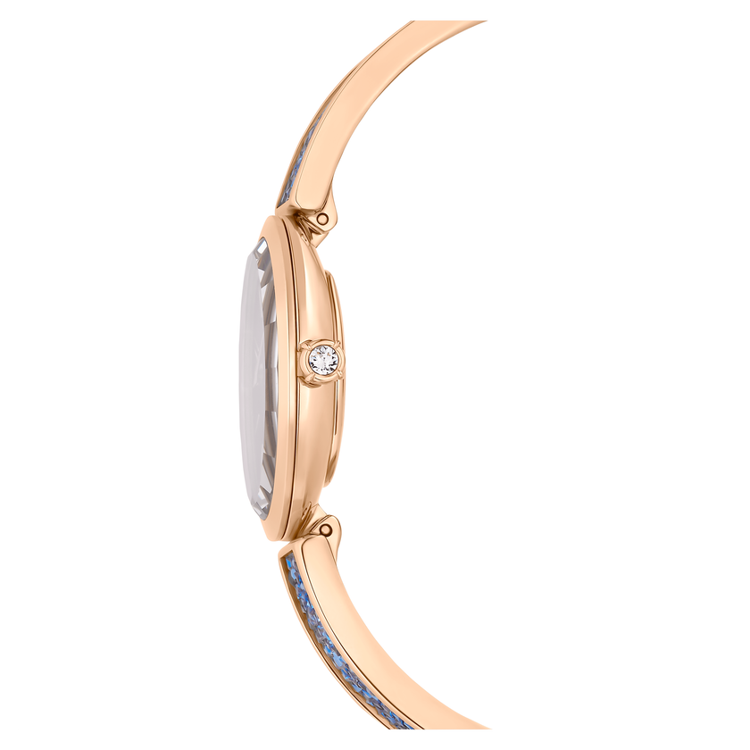 swarovski ساعة crystal rock بيضاوية، صناعة سويسرية، سوار كريستال، لون أزرق، لمسة نهائية بلون ذهبي وردي