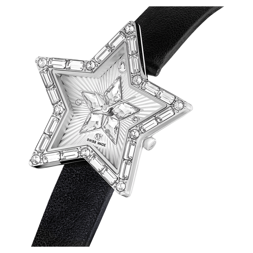 swarovski ساعة يد symbolica star، صناعة سويسرية، شكل نجمة، سوار جلد، لون أبيض، ستانلس ستيل