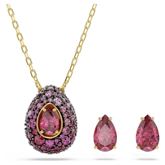 swarovski طقم sublima، طقم  2 ، قطع كمثري، لون أحمر، لمسة نهائية من الذهب عيار 18 قيراط