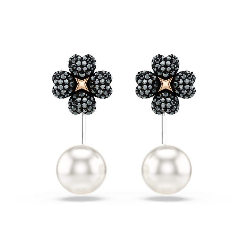 swarovski أقراط latisha، أحجار كريستال صغيرة متراصة، شكل زهرة برسيم، لون أسود، لمسة نهائية من معادن مختلطة
