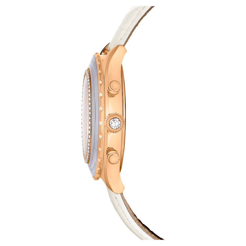 swarovski ساعة يد octea chrono، صناعة سويسرية، سوار جلد، لون أبيض، لمسة نهائية بلون ذهبي وردي