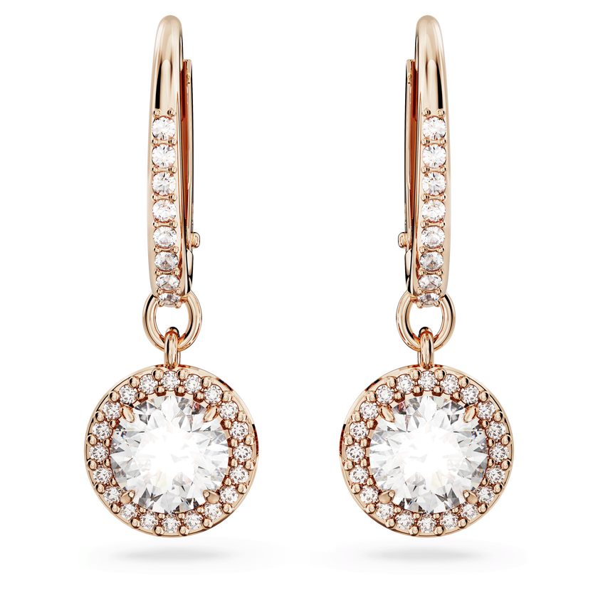 swarovski أقراط متدلية una angelic، قطع مستدير، كريستالات متراصة، لون أبيض، طلاء ذهبي وردي