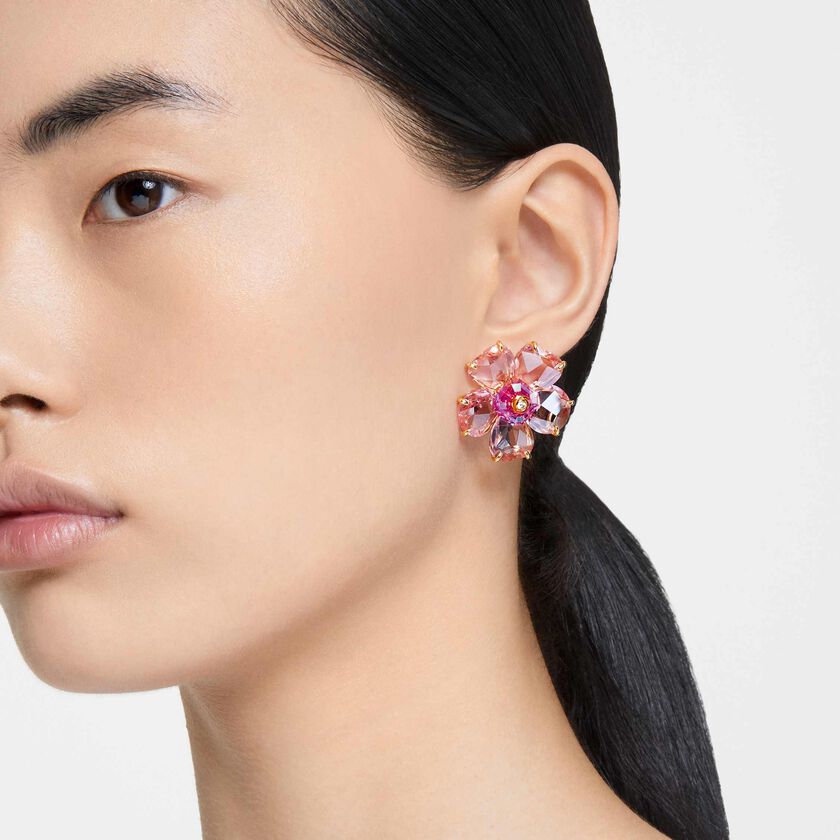 swarovski أقراط دبوسية idyllia، على شكل زهرة، لون وردي، طلاء بلون ذهبي