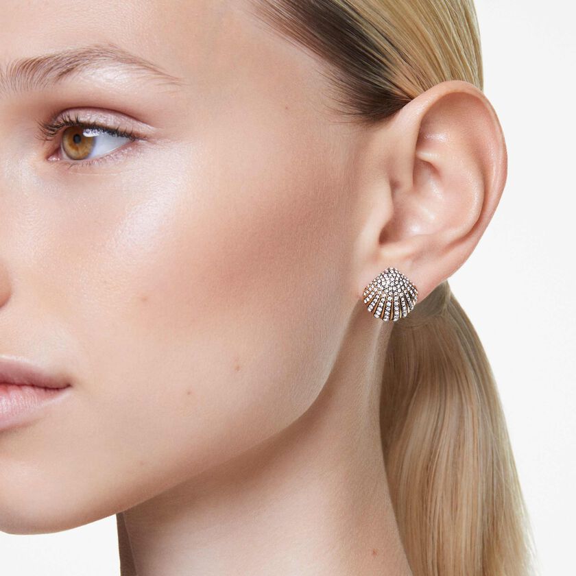 swarovski أقراط دبوسية idyllia، شكل صدفة، لون أبيض، طلاء بلون ذهبي