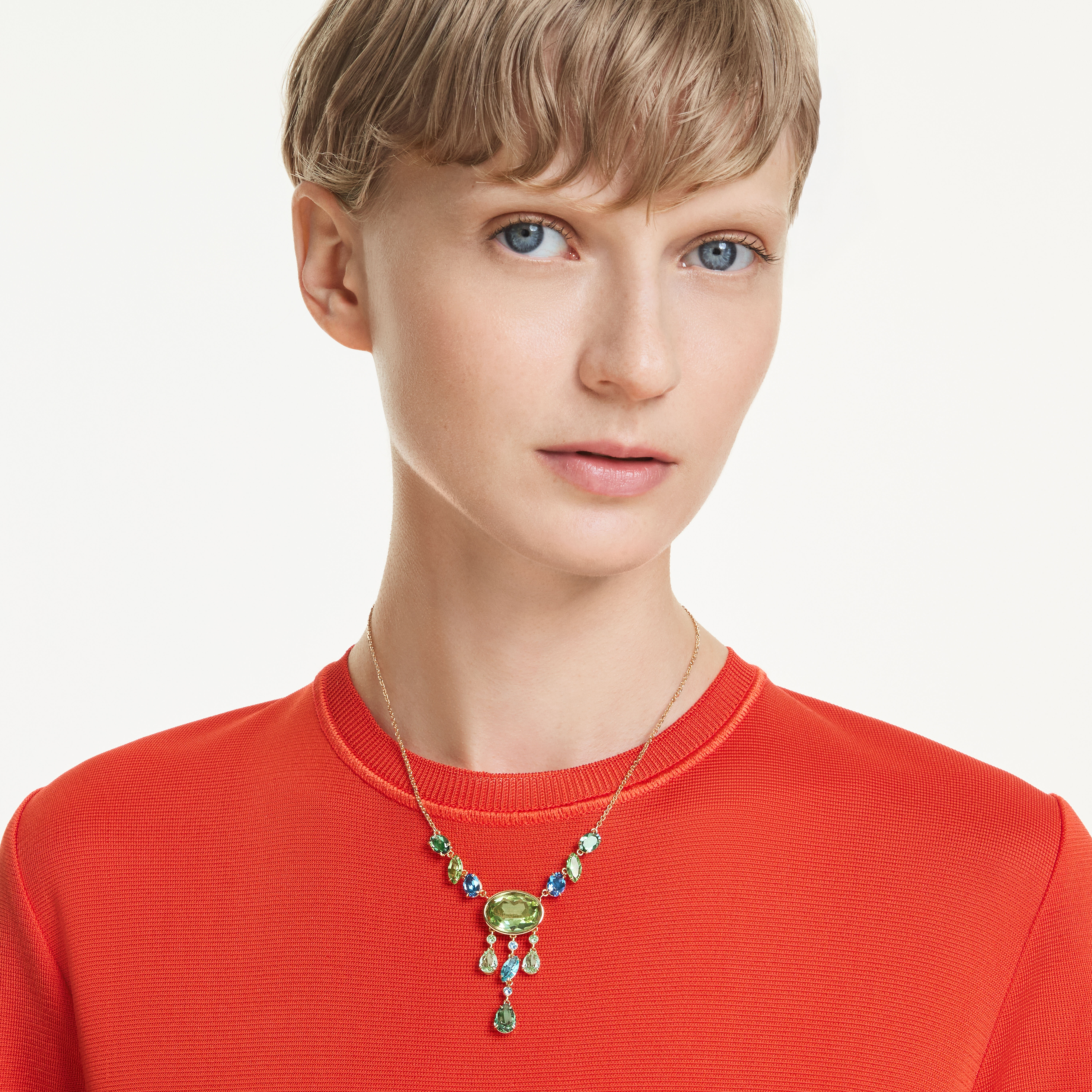 swarovski عقد gema على شكل حرف y، قطع متنوع، ألوان متعددة، طلاء باللون الذهبي