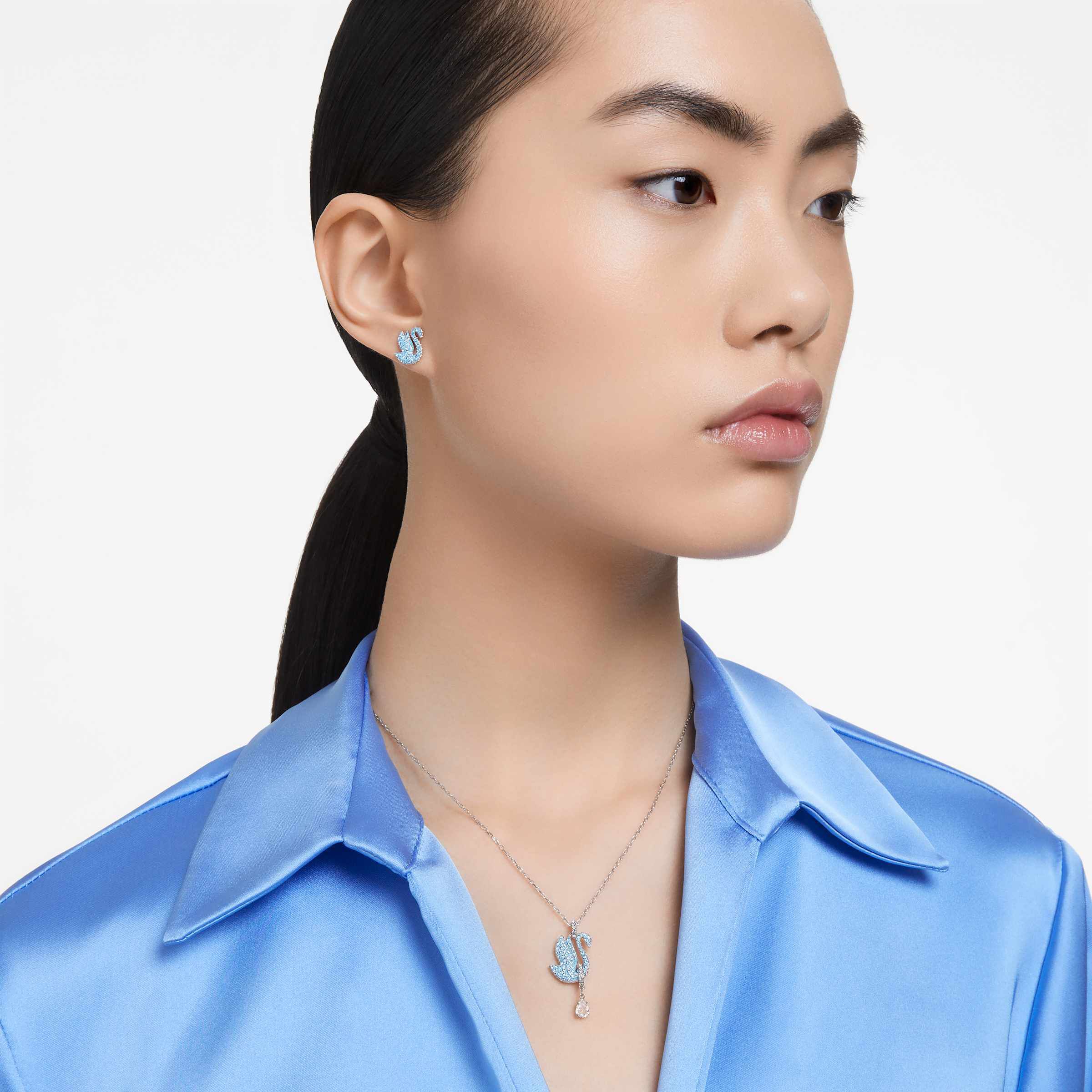 swarovski طقم swan، على شكل بجعة، لون أزرق، طلاء روديوم