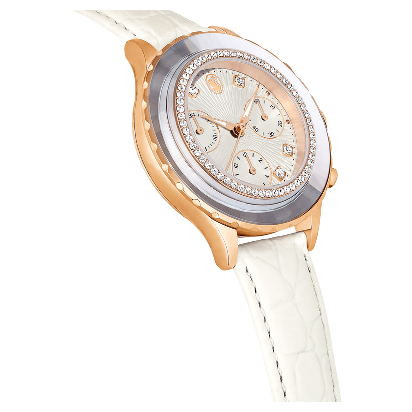 swarovski ساعة يد octea chrono، صناعة سويسرية، سوار جلد، لون أبيض، لمسة نهائية بلون ذهبي وردي