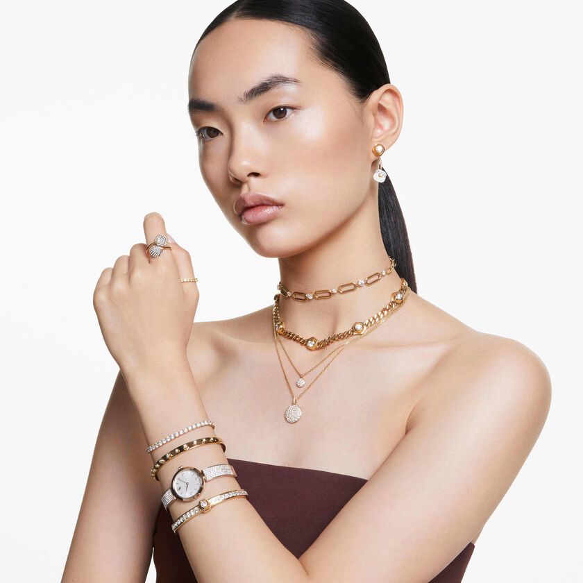 swarovski خاتم مفتوح idyllia، لؤلؤة كريستال، شكل صدفة، لون أبيض، طلاء بلون ذهبي