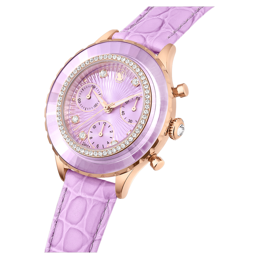 swarovski ساعة يد octea chrono، صناعة سويسرية، سوار جلد، لون أرجواني، لمسة نهائية باللون الذهبي الوردي