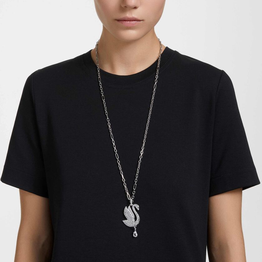 swarovski عقد swan، على شكل بجعة، طويل، لون أبيض، طلاء روديوم