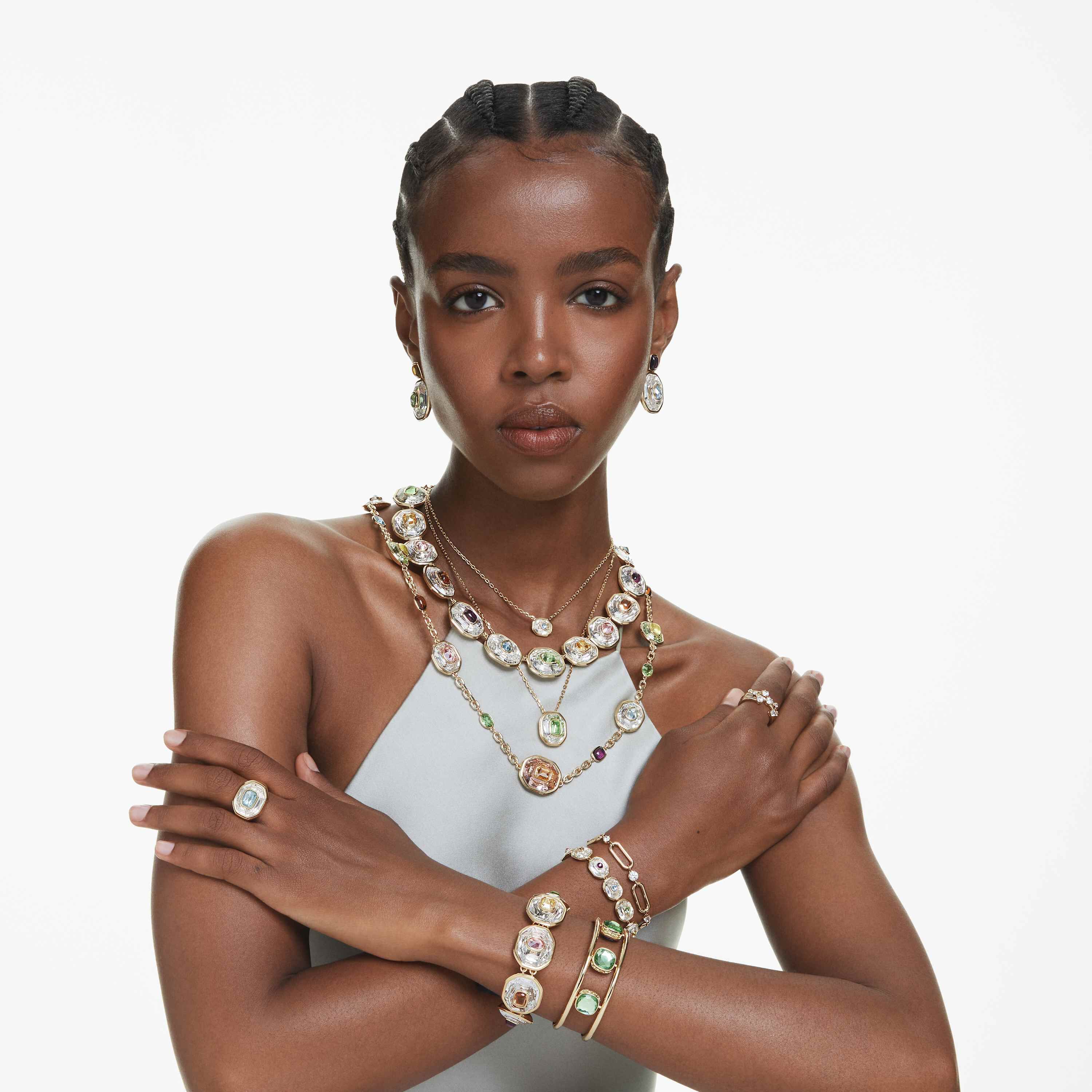 swarovski سوار chroma، قطع على شكل وسادة، لون أخضر، طلاء باللون الذهبي