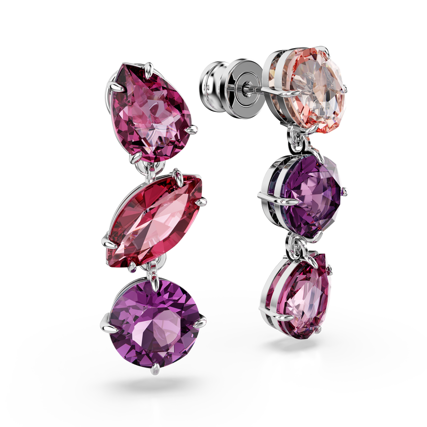 swarovski gema drop earrings  mixed cuts  pink  rhodium plated