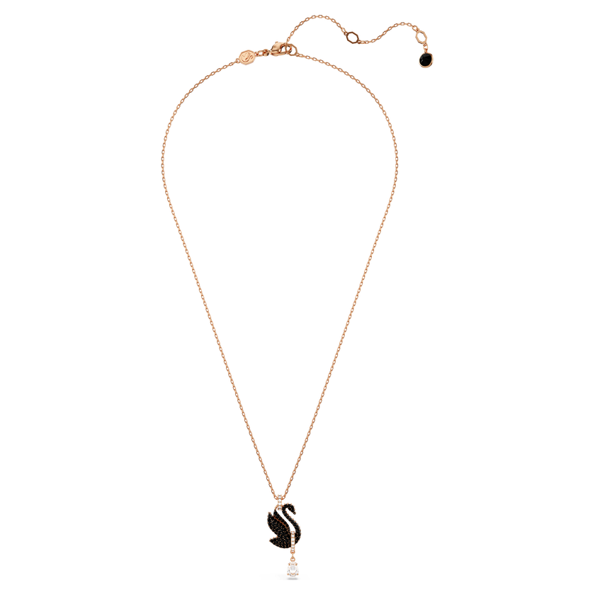 قلادة swarovski swan، على شكل بجعة، لون أسود، طلاء ذهبي وردي
