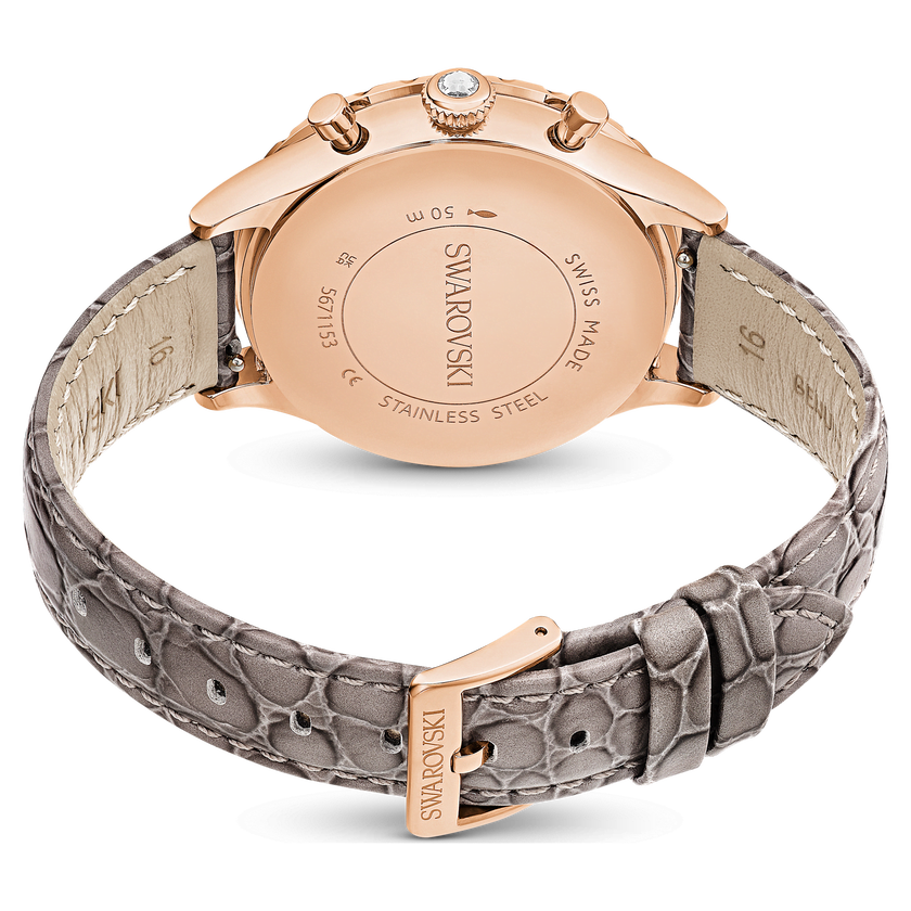swarovski ساعة يد octea chrono، صناعة سويسرية، سوار جلد، لون رمادي، لمسة نهائية بلون ذهبي وردي