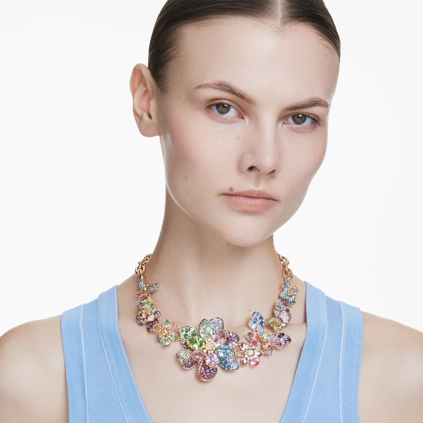 swarovski عقد idyllia، قطع متنوع، كريستالات مُتراصَّة، شكل زهرة، ألوان متعددة، طلاء باللون الذهبي