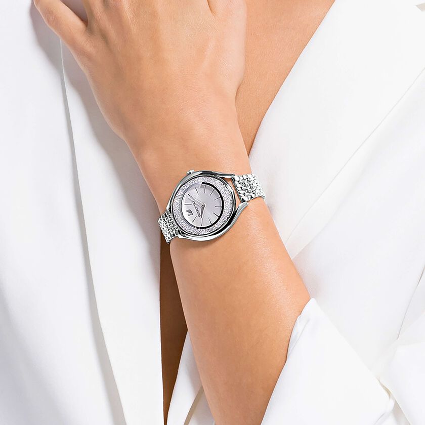 swarovski ساعة crystalline aura، سوار معدني، لون فضي، ستانليس ستيل
