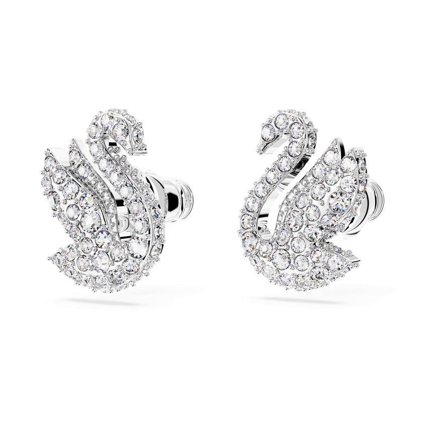 swarovski أقراط دبوسية swan، على شكل بجعة، لون أبيض، طلاء روديوم